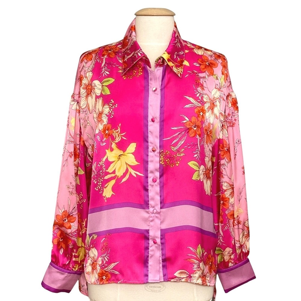 Vibrant Pink Floral Satin Womens Top M Silky Scarf Dopamine Statement Maximalist